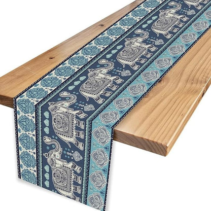 Boho Elephant Table Runner, Rustic African Tribe Animal Diwali India Damask Mandala Art Print Blue Coffee Table Center Decor for Home Kitchen Dining Holiday Party Outdoor Table Decorations, 13"x108"