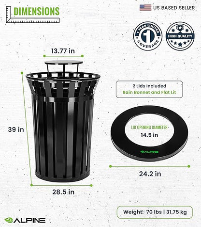 Alpine Industries 38 Gallon Commercial Outdoor Metal Trash Can with Liner, Flat Lid & Rain Bonnet