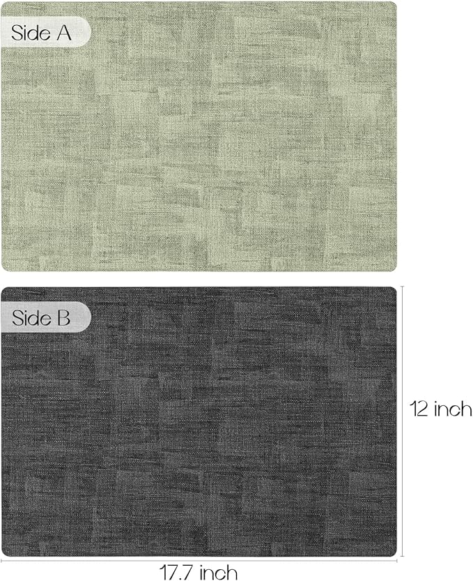 Romanstile Reversible Vinyl Placemats Set of 6, Faux Leather 100% Waterproof Oil-Proof Wipeable Place Mats, Heat Resistant Dual Sided Table Mats for Kitchen/Dining/Party (Grey Green, 12 x 17 Inch)