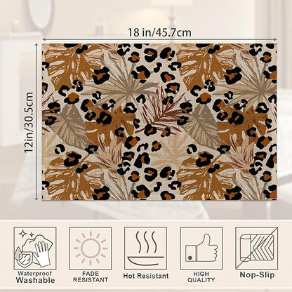 Black Brown Leopard Placemats Set of 6,Tropical Palm Leaves Place Mats Heat Resistant Washable Non-Slip Table Mats for Party Kitchen Dining Decor 12x18 Inch
