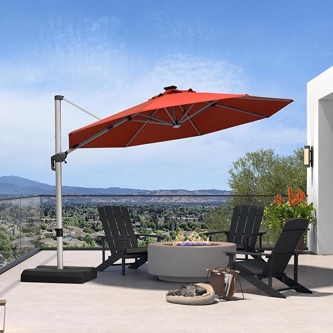 PURPLE LEAF Cantilever Patio Umbrella 11ft Round Solar LED Light, Brick Red | - Image 7