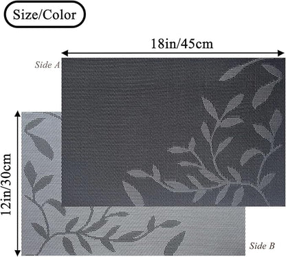 Leaf Placemats Set of 8, Non-Slip Heat-Resistant 18" x 12" Vinyl Washable Placemats for Kitchen Indoor Outdoor Party Birthdays Weddings Decoration (Black)