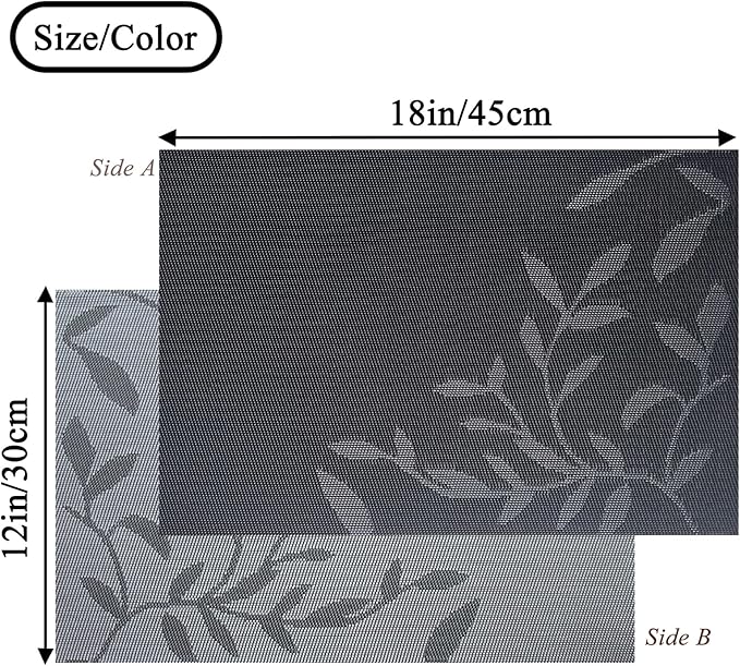 Leaf Placemats Set of 4, Non-Slip Heat-Resistant 18" x 12" Vinyl Washable Placemats for Kitchen Indoor Outdoor Party Birthdays Weddings Decoration (Black)
