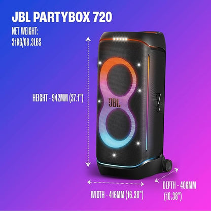 JBL PartyBox 720 - Loudest Battery-Powered Party Speaker with Superior Pro Sound and a Futuristic lightshow, Up to 15 Hours Playtime & IPX4 Splash Proof (Black)