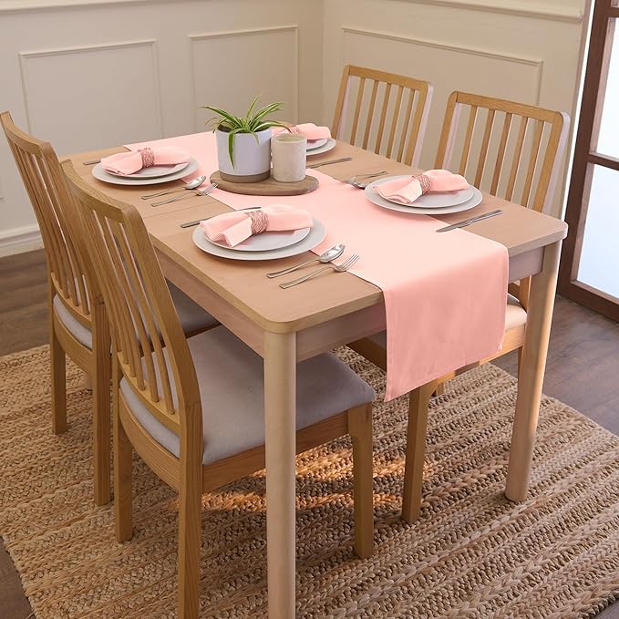 Encasa XO Table Runner 13"x72" Long | Cotton Canvas Fabric | Powder Pink Solid Color | Machine Washable & Durable