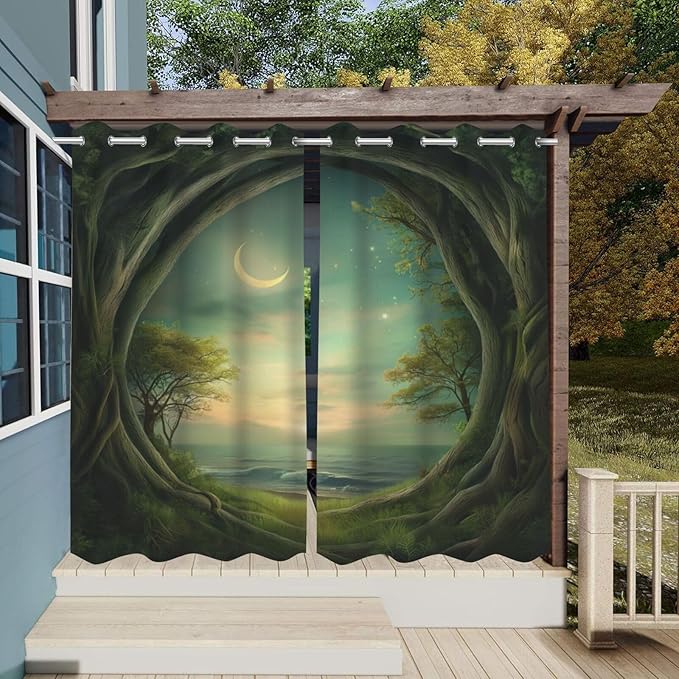 Forest Theme Waterproof Indoor/Outdoor Curtains,Trees Moon Lake Pattern,Privacy, Grommet Curtains for Patio, Pergola, Porch, Deck, Lanai, and Cabana,2 Panel,W54 x L96,Green