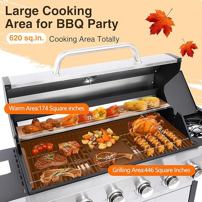 6-Burner Propane Grill - 65850 BTU BBQ with Side Burner | Porcelain Cast Iron Grates | Stainless Steel Outdoor Grill for Backyard, Camping, Tailgating (Fast Heating & Easy Clean)
