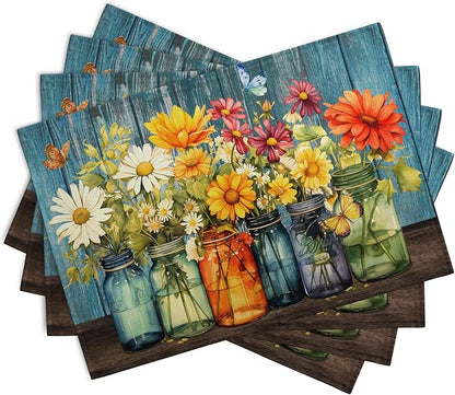 Rustic Daisy Placemats Set of 4 Vintage Flower Vases Wood Grain Linen Table Mats 12x18 Inch Summer Floral Wooden Board Farmhouse Washable Place Mat for Party Kitchen Dining Outdoor Indoor Decor