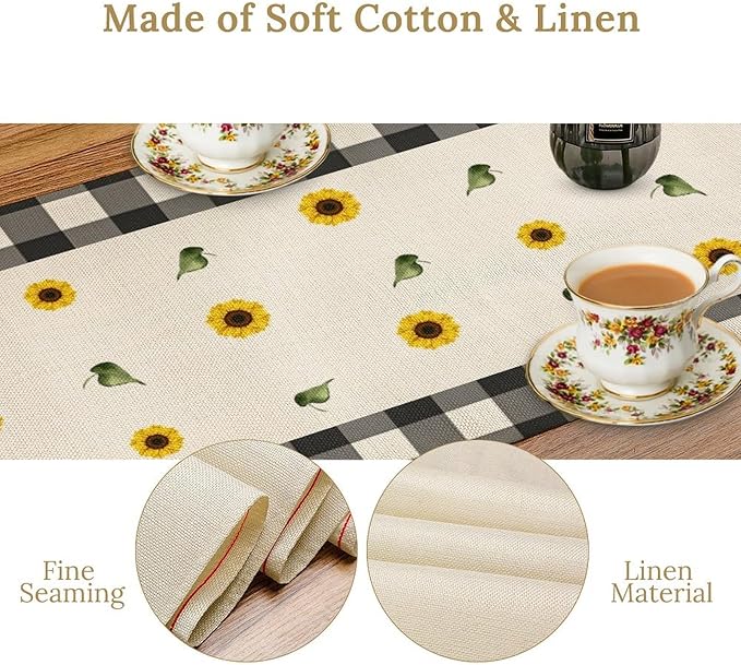 Morden Sunflower Table Runner,White Black Buffalo Plaid Watercolor Summer Flower Plants Leaves Print Table Runner for Kitchen Dining Table Holiday Home Party Decor 13x90in