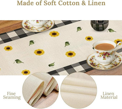 Morden Sunflower Table Runner,White Black Buffalo Plaid Watercolor Summer Flower Plants Leaves Print Table Runner for Kitchen Dining Table Holiday Home Party Decor 13x70in