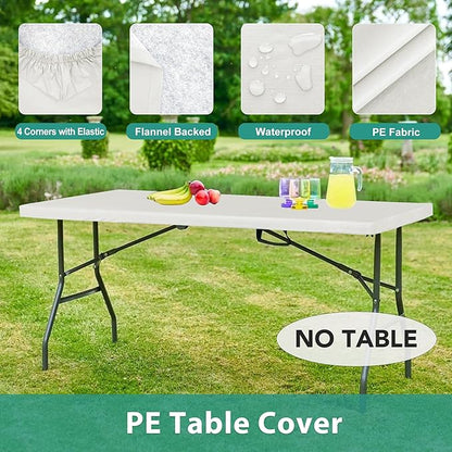 LUSHVIDA 6 Packs Vinyl Tablecloths with Flannel Backing for 6ft Rectangle Folding Table Cloths - Waterproof Plastic Picnic Table Covers with Elastic Corners, 30x72 inch, Ivory