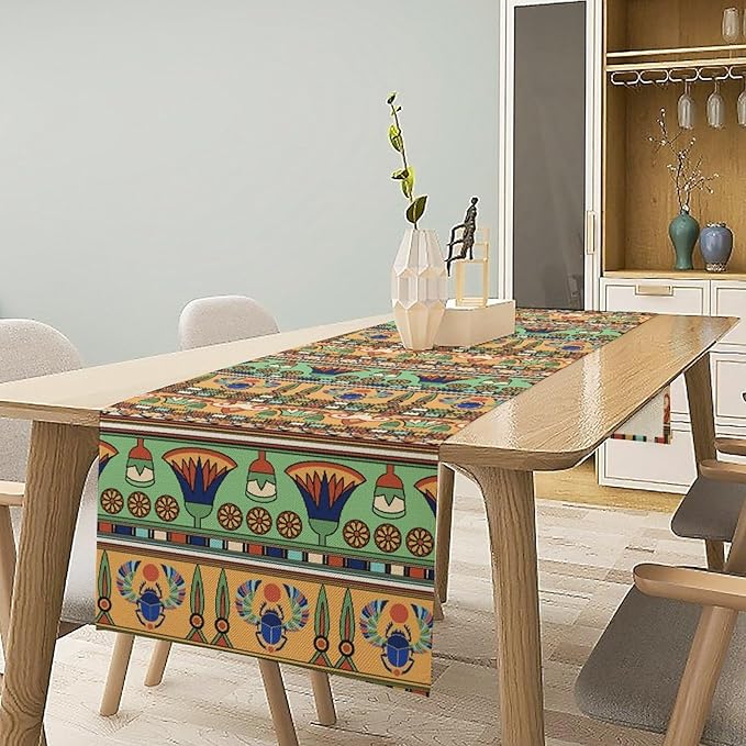 Egyptian Print Table Runner, Egyptian Ornament Scarab Flower Abstract Design Table Runner for Dining Kitchen Party Outdoor Holiday 13x70in