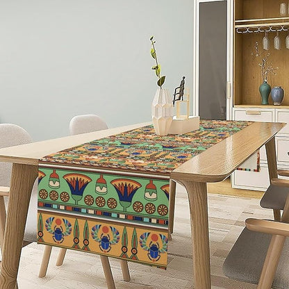 Egyptian Print Table Runner, Egyptian Ornament Scarab Flower Abstract Design Table Runner for Dining Kitchen Party Outdoor Holiday 13x36in