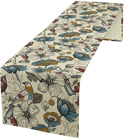 Boho Flower Birds Table Runner,Vintage Floral Aesthetic Art Table Decoration for Kitchen Dining Table Holiday Indoor Outdoor Home Party Decor 13x90in