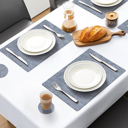 MOSAYT Placemats Set of 4, Heat Resistant Vinyl Place Mats with Coasters, 100% Waterproof Wipeable Washable Faux Leather Table Mats for Kitchen Dining Party Indoor Outdoor, 12" x 17", Sky Blue