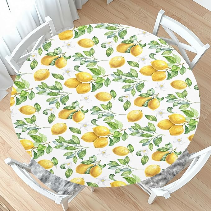 Lemon Round Fitted Tablecloth with Elastic Spring Summer Yellow Lemons Circle Table Cloth for 44-48" Round Tables Wipeable Waterproof Lemonade Party Farmhouse Table Cover for Picnic Dining Outdoor
