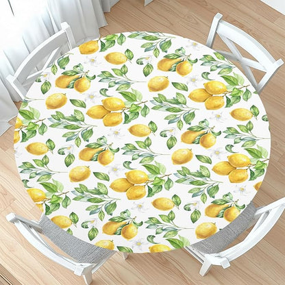 Lemon Round Fitted Tablecloth with Elastic Spring Summer Yellow Lemons Circle Table Cloth for 48-52" Round Tables Wipeable Waterproof Lemonade Party Farmhouse Table Cover for Picnic Dining Outdoor