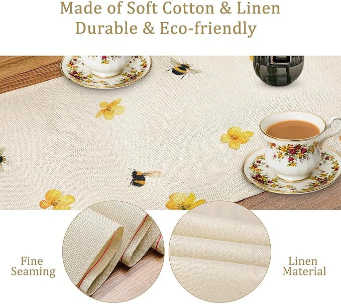 Yellow Wild Flowers Table Runner, Rustic Farmhouse Watercolor Daisy Floral Branches Bees Print Table Runner for Kitchen Dining Room Party Picnic Table Decor, 13x70inch