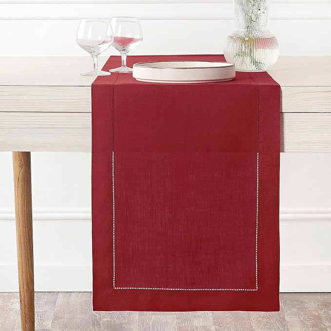 D'Moksha Homes Linen Red Table Runner 120 Inches Long - 100% Pure Linen Hemstitch 14 x 120 Inch Table Runner for Dining, Valentines, Spring - Classic Hemstitch