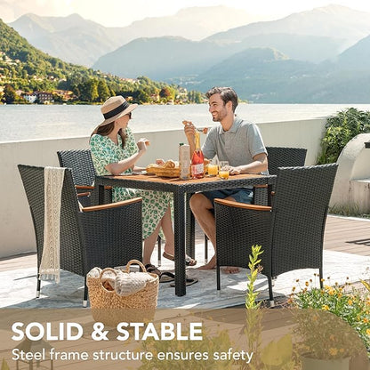 Devoko 5 PCS Furniture, Patio Conversation Set with Acacia Wood Top, Rattan Outdoor Dining Table and Chairs for Backyard, Garden, Deck, Black
