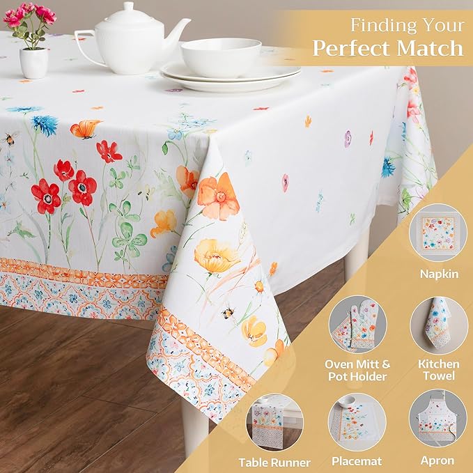 Maison d' Hermine Table Cloth Rectangle Table 100% Cotton 60 x 90 Inches Tablecloth Reusable Decorative for Dining Room, Farmhouse, Home, Party, Festive & Wedding Spring Summer - Summer Whisper