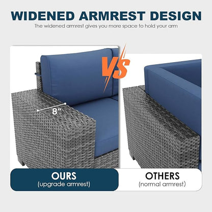13 Piece Patio Furniture Set with Fire Pit Table, Outdoor Conversation Sets Grey Wicker Rattan Sectional Sofa, 4'' Thickened Cushion Navy Blue (Include Waterproof Cover)