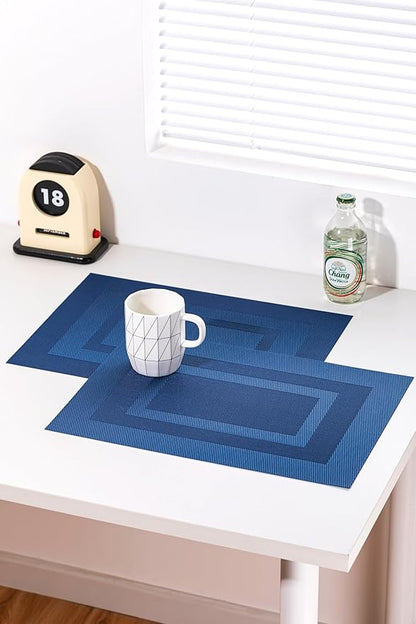 LEXMORE Placemats Set of 6 Vinyl/Plastic Woven Place Mats for Kitchen Table Indoor/Outdoor Washable Placemat Wipeable Dining Table Mats(Navy Cube)