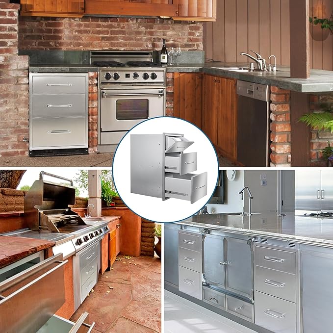 Outdoor Kitchen Drawers with Paper Towel Holder 17"Wx30"Hx20"D Flush Mount Access 3-Drawer BBQ Stainless Steel Drawers with Handle for Outdoor Kitchen Island or Grill Station