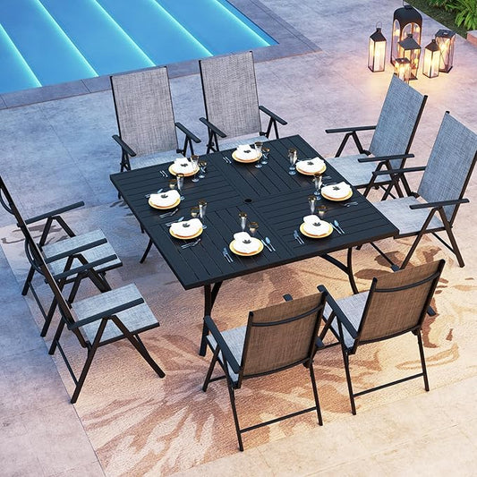 PHI VILLA 9 Piece Patio Dining Set, Outdoor Table and Chairs Set with Adjustable Portable Patio Folding Chairs (Grey) & Large Square Outdoor Dining Table for Yard, Garden and Lawn