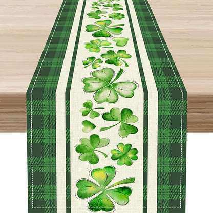 St.Patrick's Day Table Runner,Vinatge Rustic Green Buffalo Plaid White Shamrock Watercolor Table Center Decor for Home Kitchen Dining Patio Holiday Party Indoor Table Decorations, 13"x72"