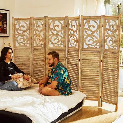 Room Divider Wood Carved Wall Divider Indoor Folding Portable Partition Screen for Home Office Garden Terrace - 6 Panel, 67 * 90inch (Wood)