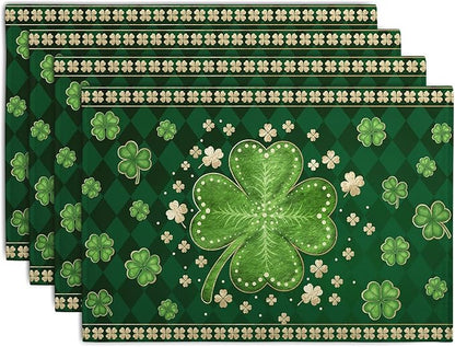 Green Shamrock St Patricks Day Placemats Set of 4 Lucky Clover Plaid Check Table Mat 12x18 Inch St. Patrick's Day Seasonal Holiday Place Mats Spring Linen Placemat for Party Kitchen Dining Decor