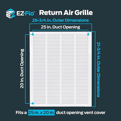 EZ-FLO 20 x 25 Inch (Duct Opening) Return Air Vent Cover for Wall or Ceiling, Solid Steel Return Air Grille, HVAC Vent Cover, White, 61649