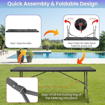 FDW 6FT Folding Table, Portable Fold-in-Half Plastic Picnic Party Table with Carrying Handle （Black Ratten, 6FT）
