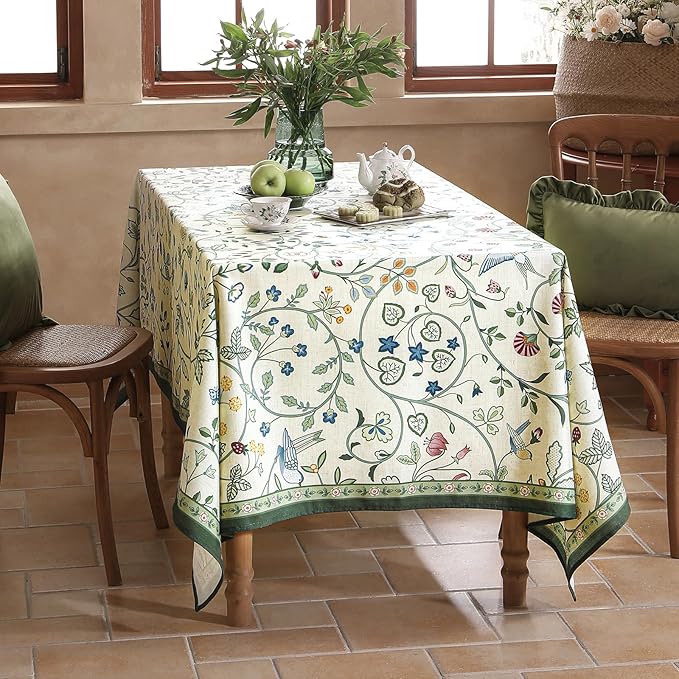 Linen Table Cloth Rectangle,Wrinkle Resistant French White and Green Tablecloth Print with Froal,Decor Stitch Table Cloth for Thanksgiving,Dining Room,Home,63" × 94"-Idaho A