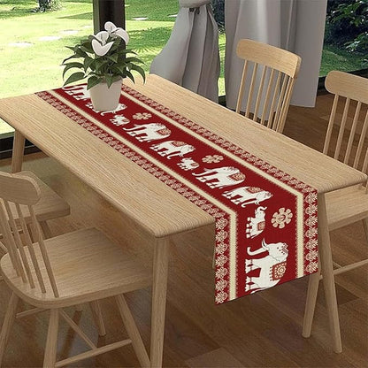 African Tribe Table Runner, Boho Red Elephants Tribal Traditional Diwali India Animal Ethnic Folk Rustic Coffee Table Center Decor for Home Kitchen Holiday Party Outdoor Table Decorations, 13"x36"