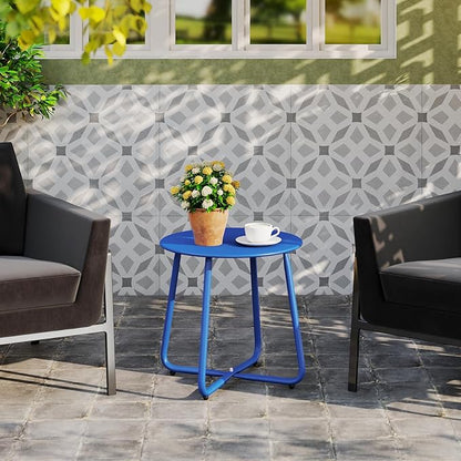 HollyHOME Round Metal Side Table, Rust-Resistant Patio Small Plant Stand, Outdoor 17.32'' Portable End Table for Balconies, Gardens, Living Rooms and Bedrooms, SkyBlue
