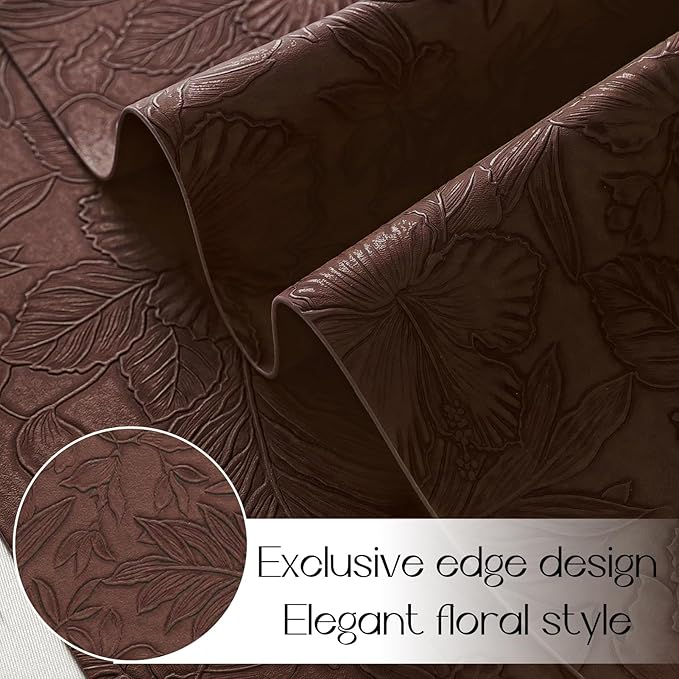 Romanstile Vinyl Placemats Set of 8-12 X 18 Inch - Heat Resistant Non-Slip Embossed Floral Place Mats 100% Waterproof Oilproof Wipeable Faux Leather Table Mats for Kitchen/Dining/Party, Brown