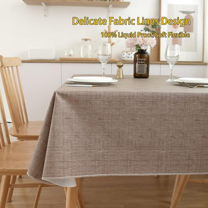 LIBERECOO Vinyl Tablecloth with Flannel Backing, Flaxen, Waterproof, Stain-Resistant, Easy-Clean Table Cover for Dining, Kitchen, and Outdoor Use, 60" x 120" Rectangle