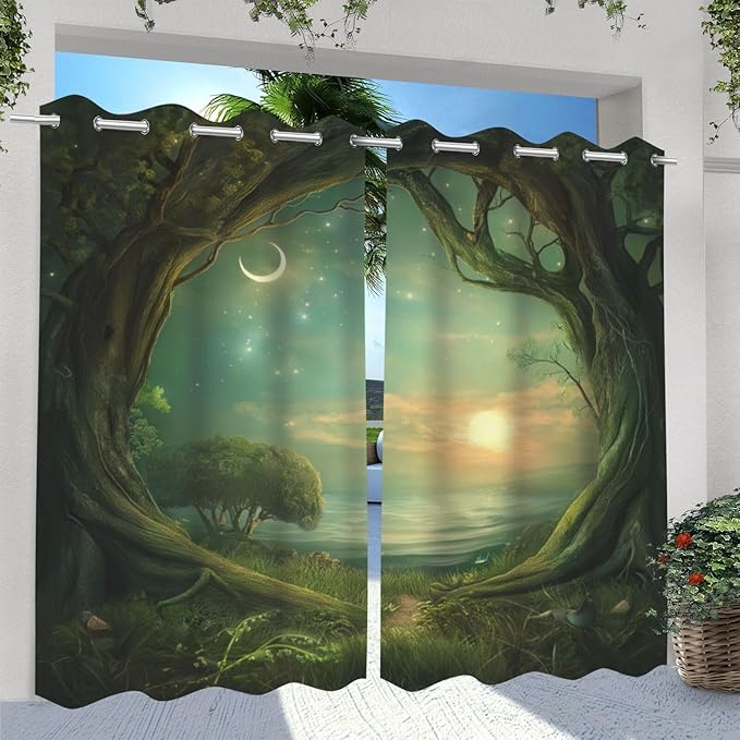 Forest Theme Waterproof Indoor/Outdoor Curtains,Trees Moon Lake Pattern,Privacy Curtains for Porch Pergola Arbor Lanai Pool House Outside Deck,2 Panel,W42 x L63,Green