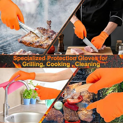 BBQ Gloves for Grilling Disposable Heat Resistant - 100 Nitrile Gloves + 4 Reusable Cotton Liners for Cooking Smoker -Orange Large