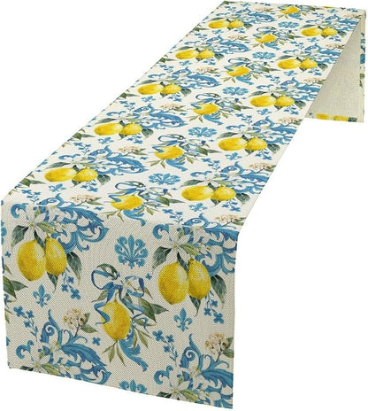 Lemon Flower Table Runner, Summer Fruit Sicilian Style Table Runner for Indoor Outdoor Kitchen Home Party Holiday Dining Table 13x70in