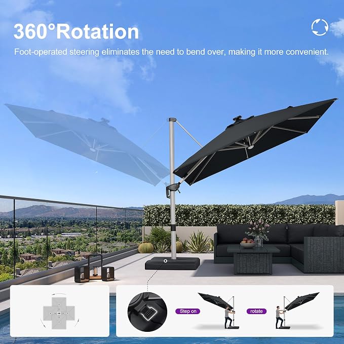 PURPLE LEAF Cantilever Umbrella 10' X 10' Solar LED Light Patio Deck, Support - Image 4
