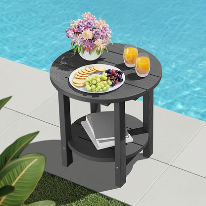 SERWALL Round Outdoor Side Table Set of 2, HDPE Small Adirondack Double End Table, Gray