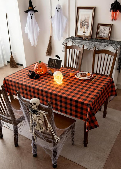 Waterproof Checkered Tablecloth Fabric - Rectangle 58x84 Inch Fall Themed Halloween Table Cloth for Indoor/Outdoor Use - Autumn Table Cover for Kitchen, BBQs, and Parties