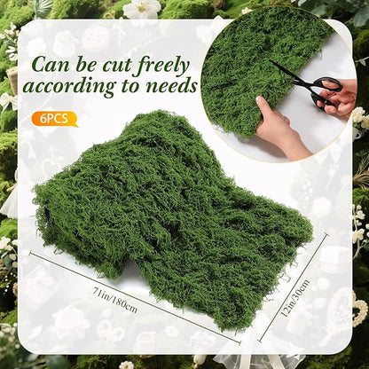 Zeyune 6 Pcs Fake Moss Table Runner for Crafts 12'' x 71'' Artificial Moss Sheet Roll Waterproof Carpet Blanket for Wall Roof Garden Wedding Birthday Party Table Decoration (Green)