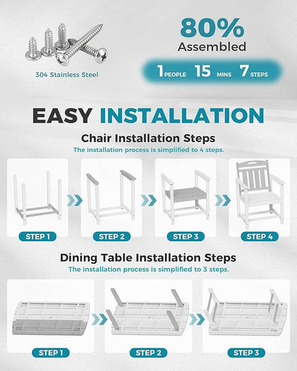 Ciokea HDPE Outdoor Dining Set, 7-Piece Patio Table and Chairs Set with Umbrella Hole, All-Weather Patio Dining Sets for 6, Durable Patio Furniture for Backyard, Garden, Lawn & Poolside, White