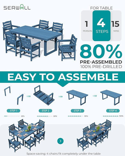 SERWALL HDPE Outdoor Dining Set for 6, 67'' All Weather Patio Dining Table and Chairs Set for Deck, Lawn, Blue