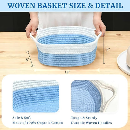 Succwoah 8 Pack Small Woven Baskets with Gift Bags & Ribbons & Cards, Cotton Rope Nursery Storage with Handles, 12"x8"x5", Empty Gift Baskets for Baby Shower, Christmas, Thanksgiving, Organizer (Blue)
