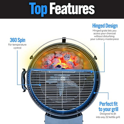 SnS Grills Slow ‘N Sear EasySpin Charcoal Grill Cooking Grate - Compatible with Weber and Other Grills, 2-Zone Stainless Steel Hinged Replacement - Tailgating & Backyard Cooking - 26” Inches